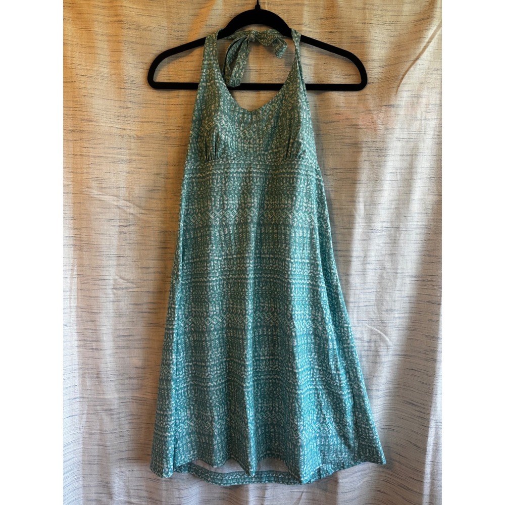 Columbia Sportswear Halter Dress Teal White Geometric Print Smocked Back Medium